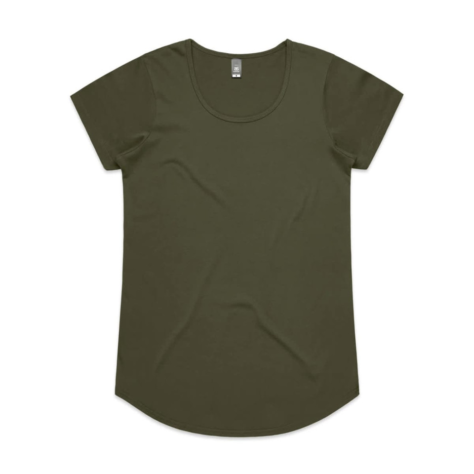 An olive green T-shirt with a scoop neck and short sleeves, featuring a logo on the label.