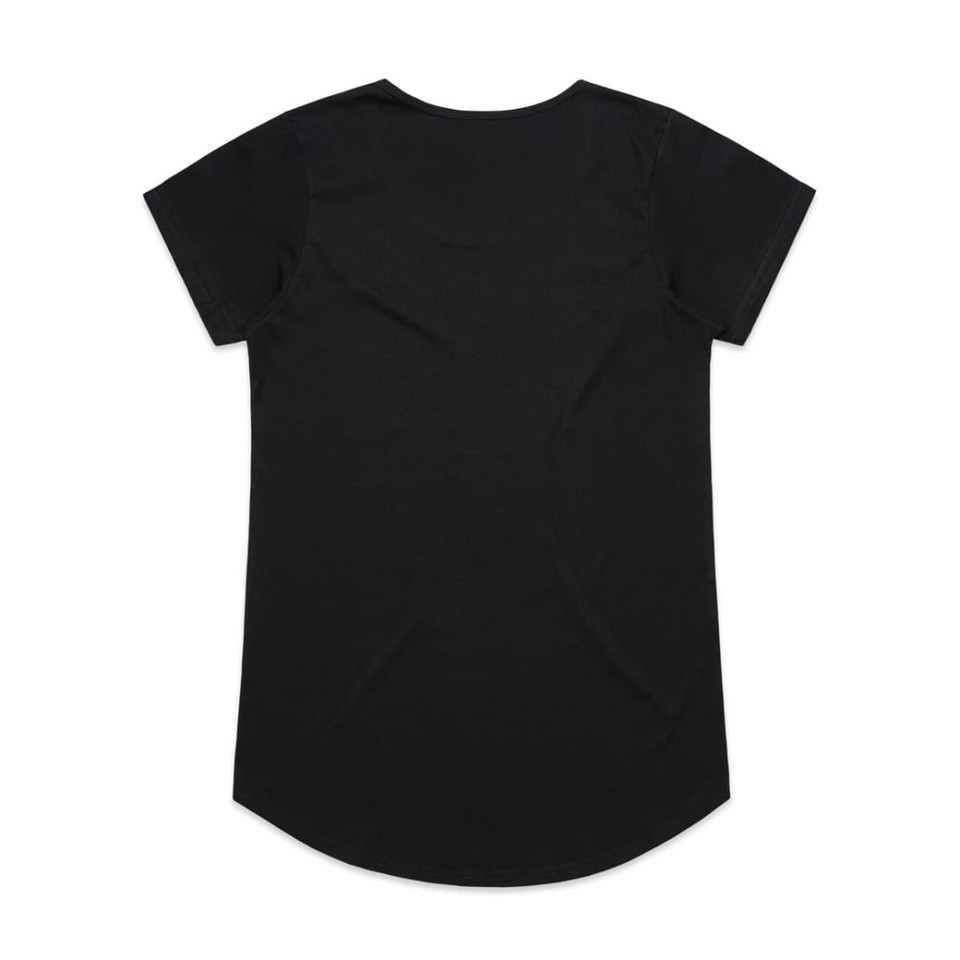A black t-shirt with short sleeves and a rounded hem, featuring a logo.