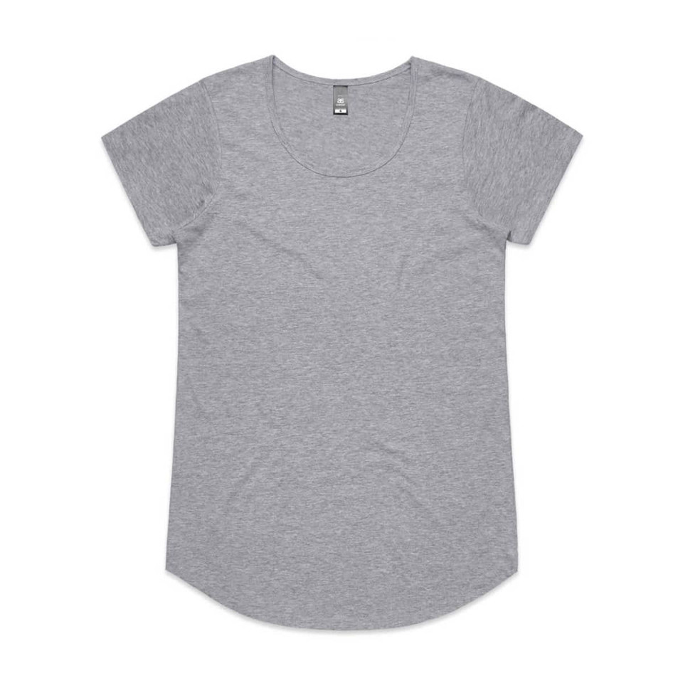 A grey T-shirt with a rounded neckline and short sleeves, featuring a logo on the label.