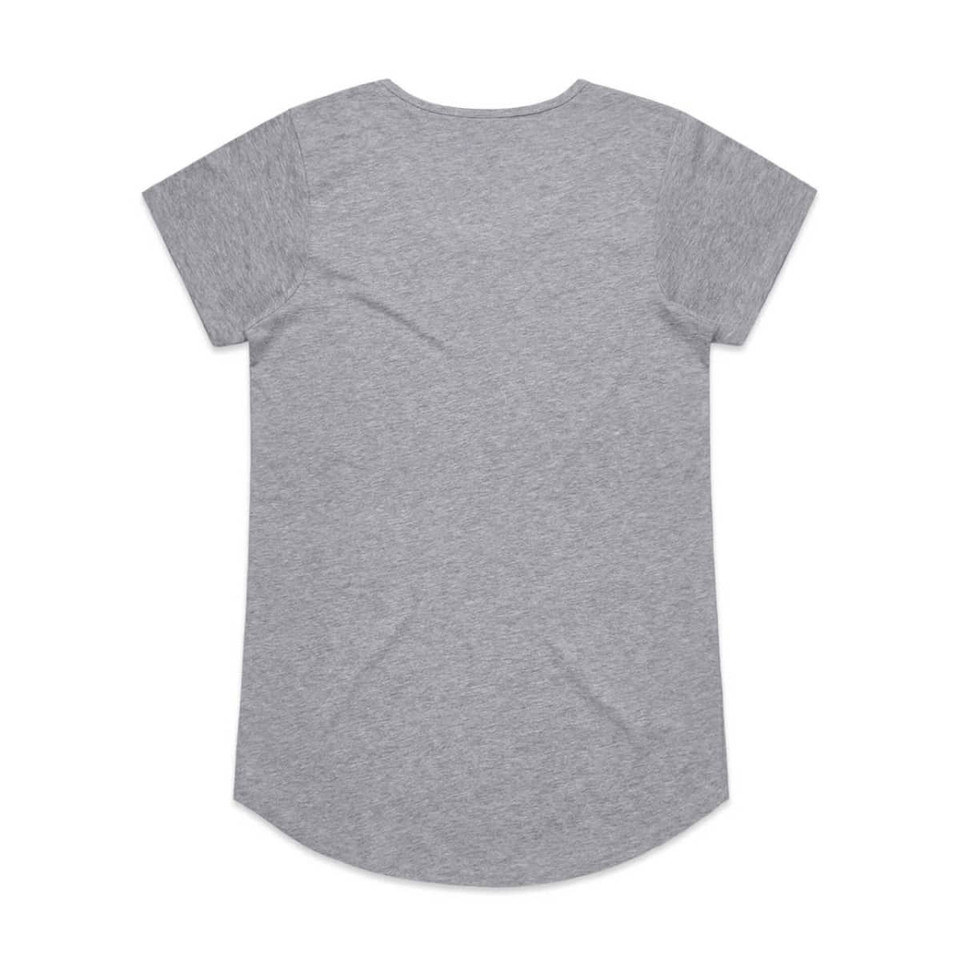 A grey t-shirt with short sleeves, featuring a rounded hem and no visible design elements on the back.