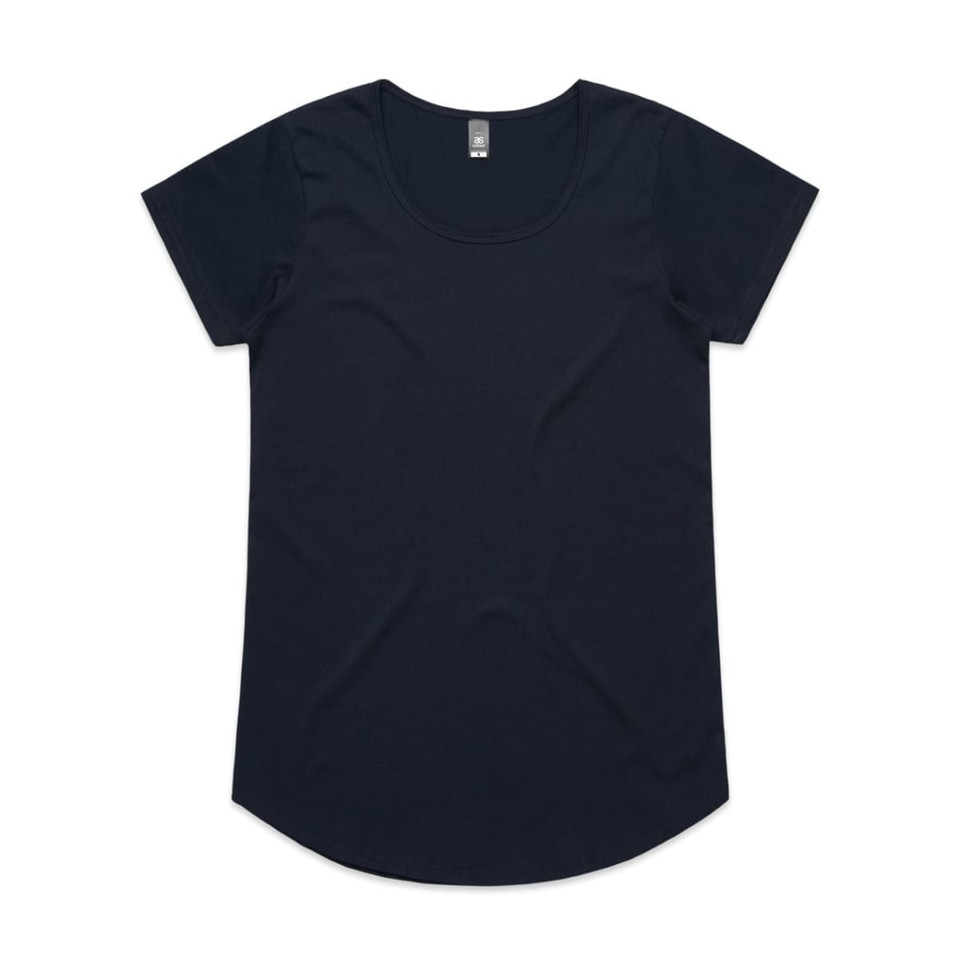 A black women's t-shirt with a round neckline and short sleeves, featuring a logo on the inside label.