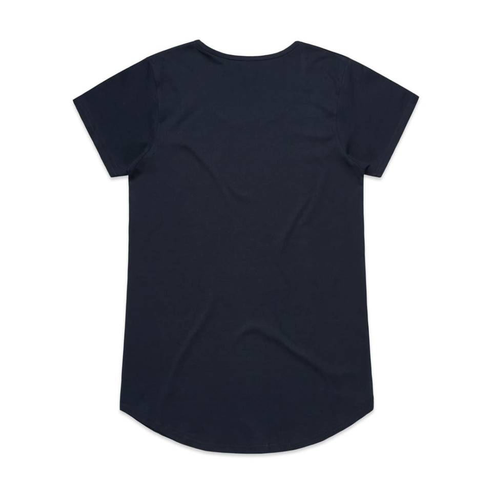 A dark navy blue T-shirt with short sleeves and a rounded hem, featuring a logo.