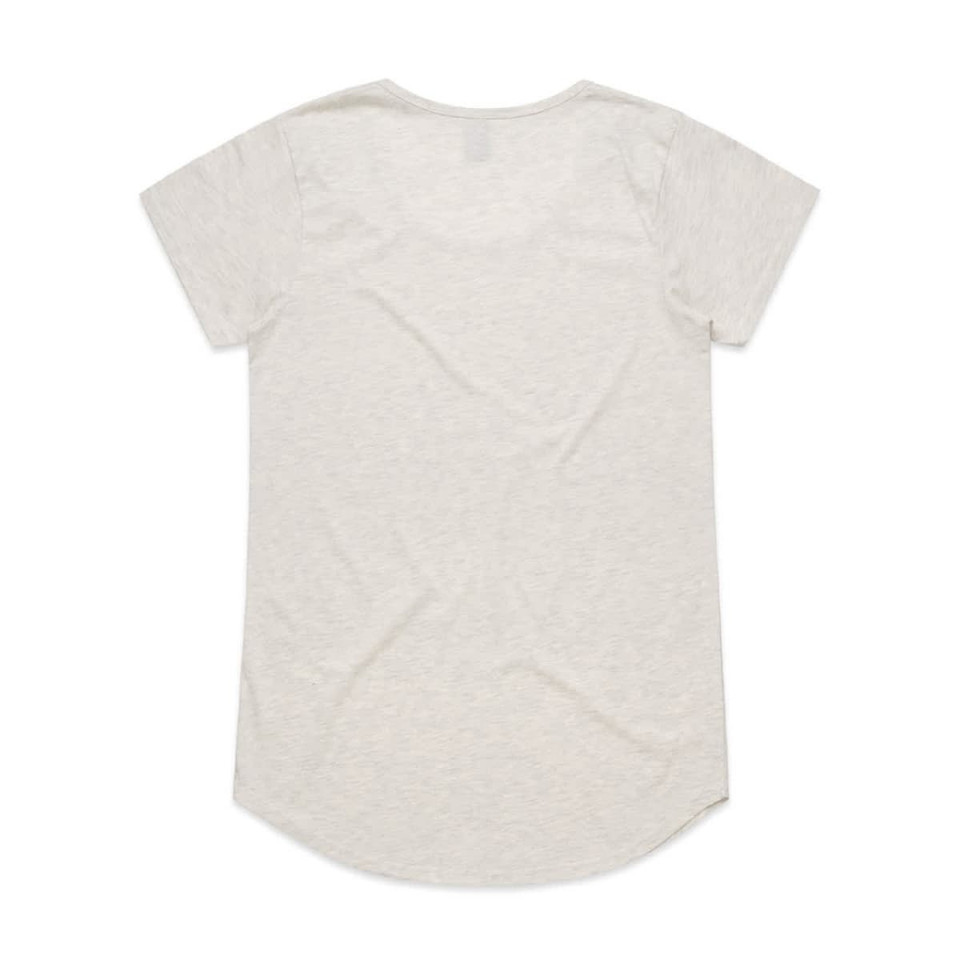 A light grey t-shirt with short sleeves and a rounded hem. Features a logo but no visible text.