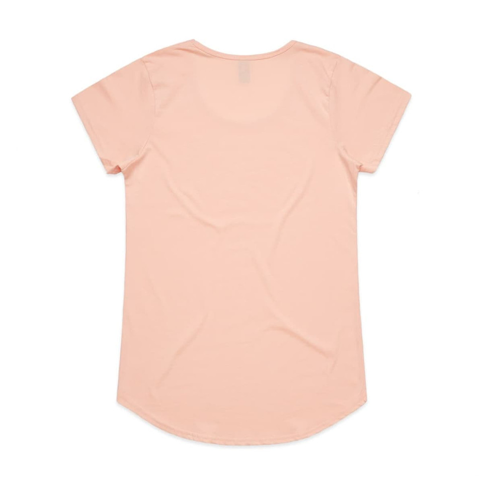 A light peach T-shirt with a rounded hem and a smooth finish. It has a label at the neck and a logo.