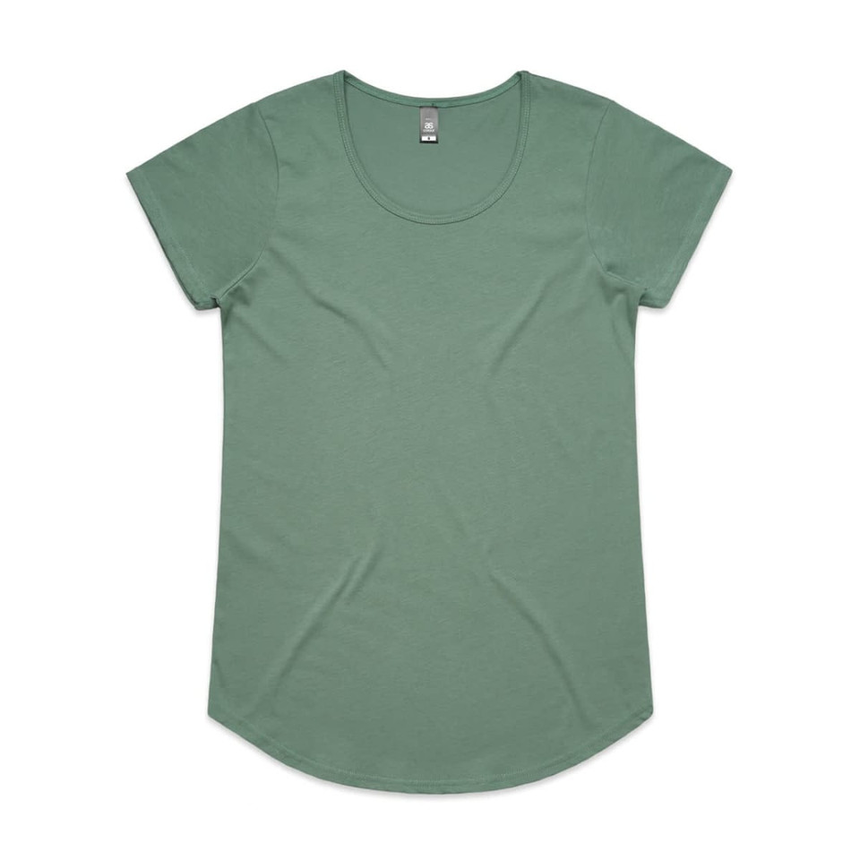 A green short-sleeved t-shirt with a scoop neckline and a curved hem. It has a logo on the label.