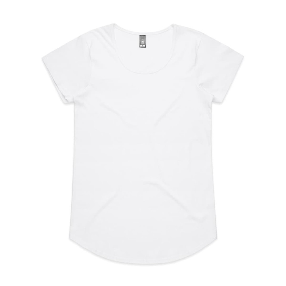 A white t-shirt with short sleeves and a rounded neckline. It features a small logo on the tag.
