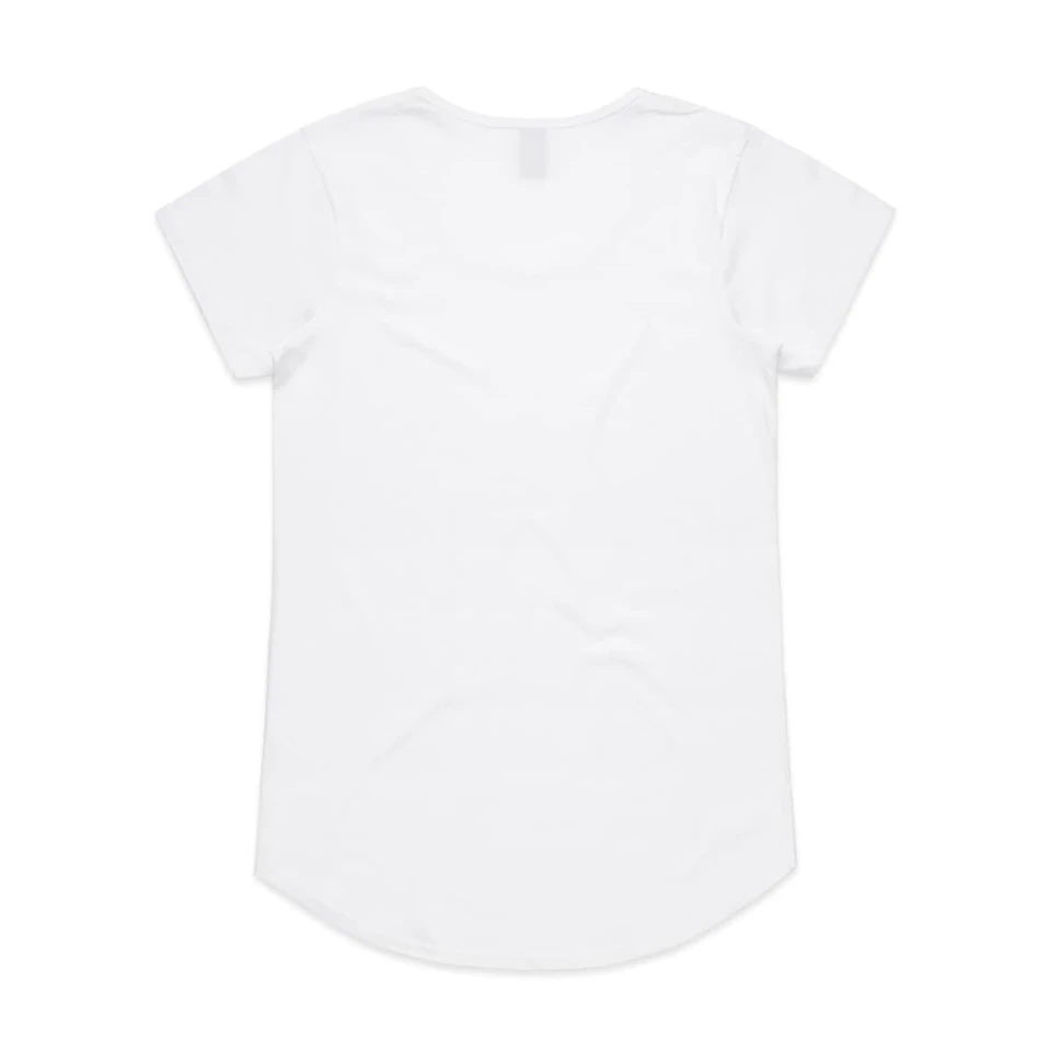 A white short-sleeved t-shirt with a rounded hem and a small logo on the back.