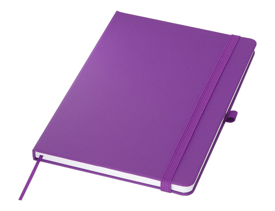 A purple A5 notebook with a textured cover, elastic band closure, and a ribbon bookmark. It features a logo.
