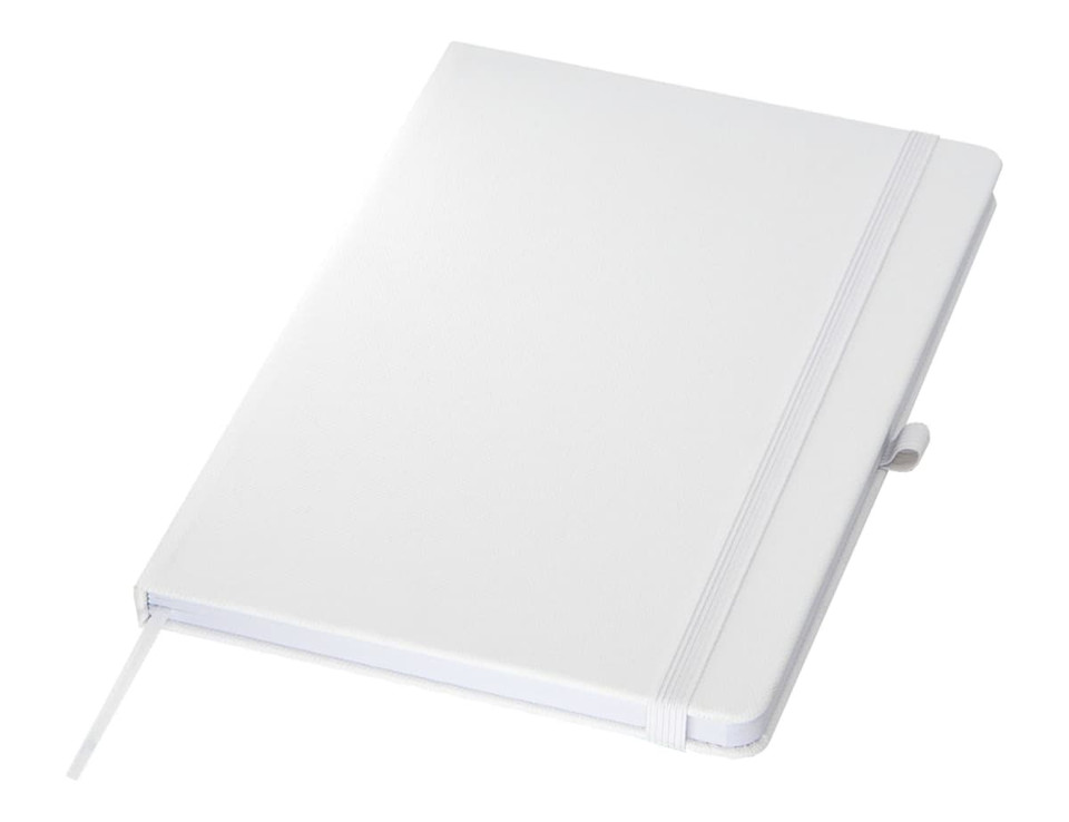 A white A5 notebook with a matching elastic band and a ribbon bookmark, featuring a logo on the cover.