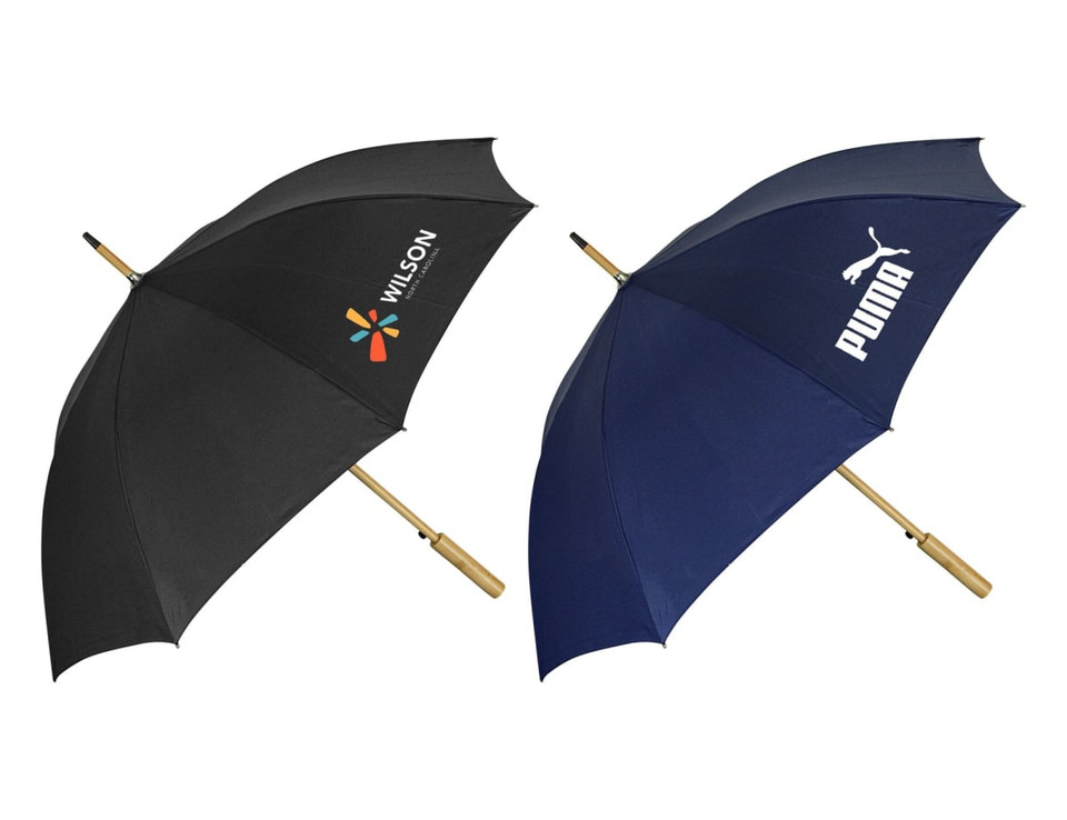 A black and a navy RPET umbrella with wooden handles, each featuring a logo.