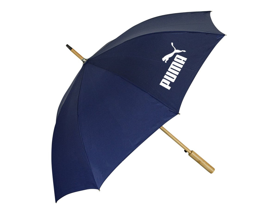 A navy umbrella with a wooden handle and branding on the canopy.