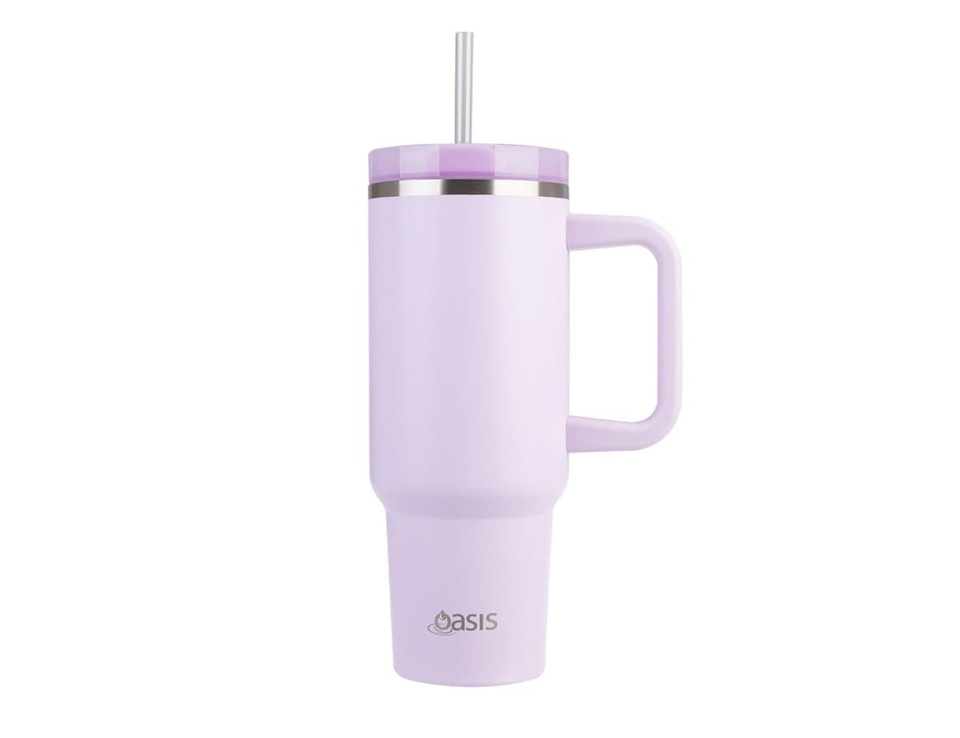 A drink bottle in light purple with a handle, straw, and a silver band. It features a logo.