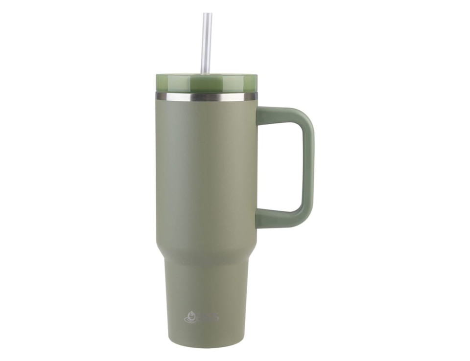 A drink bottle in matte olive green with a silver rim, a handle, and a straw. It includes a logo.