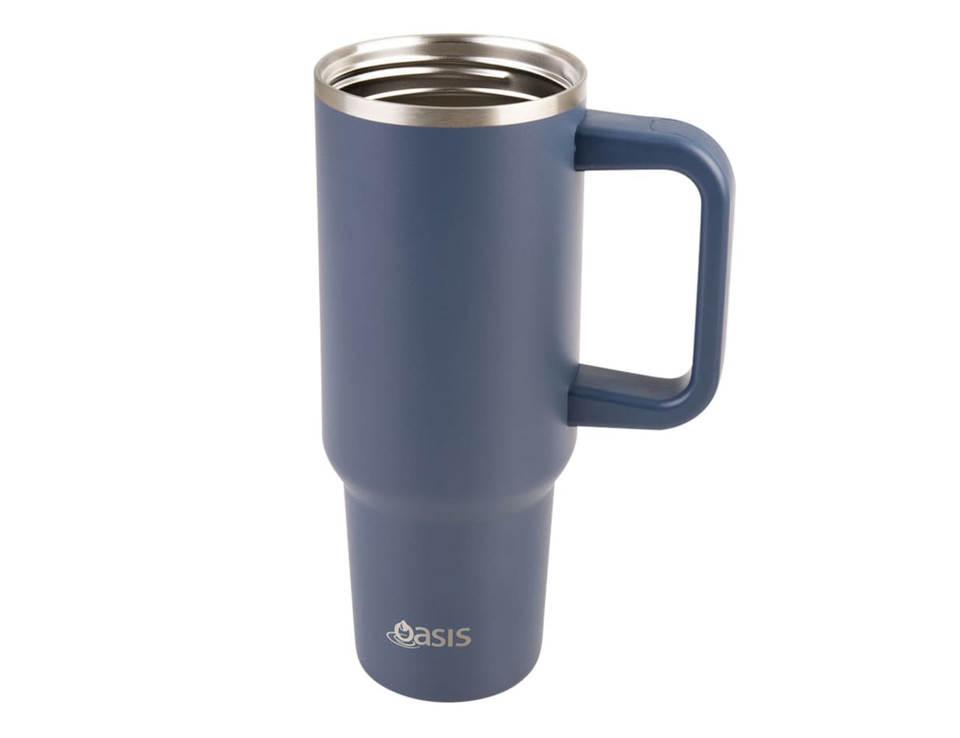 A drink bottle featuring a navy blue body, silver rim, and a sturdy handle, with a logo on the front.