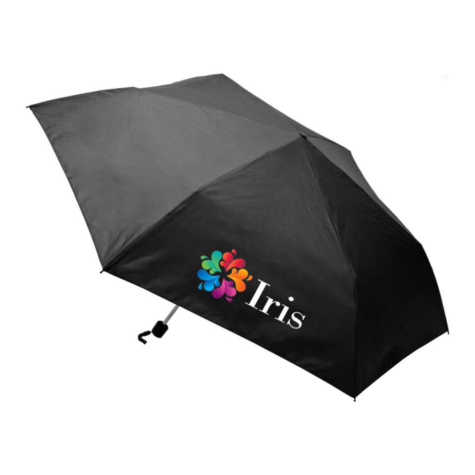 A black umbrella with a colourful logo and branding, designed for leisure and outdoor use.