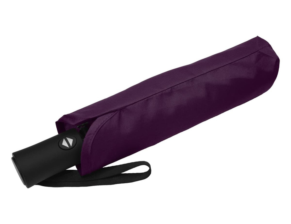 A purple fold-up umbrella with a black handle, housed in a matching protective sleeve. It features a carrying strap.