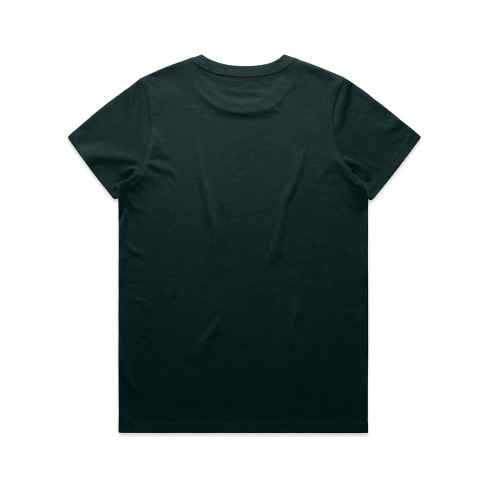 A green t-shirt displayed from the back, featuring a plain design and a logo on the neck.