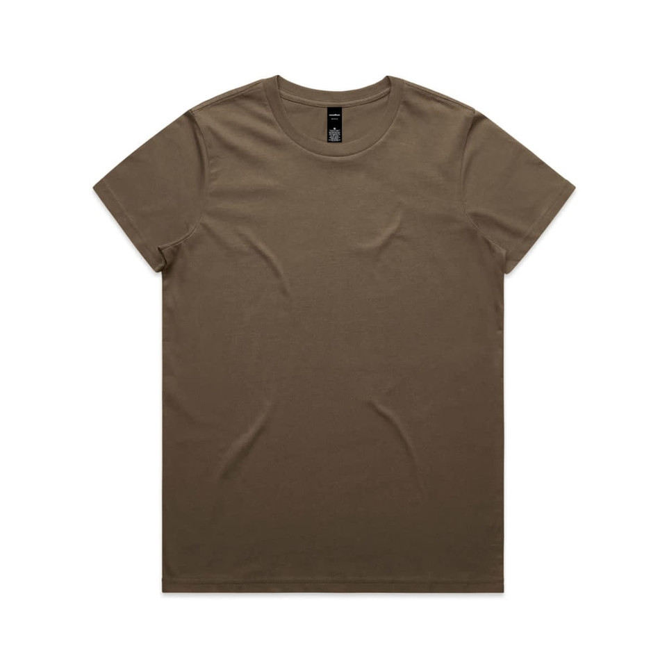 A brown t-shirt with a round neck and short sleeves, featuring a logo on the label.