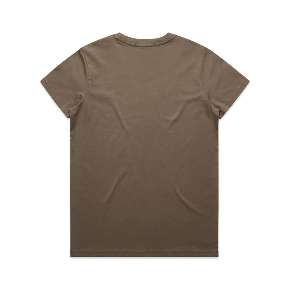 A khaki T-shirt with a plain back. The fabric appears smooth and soft, featuring a small logo at the neckline.