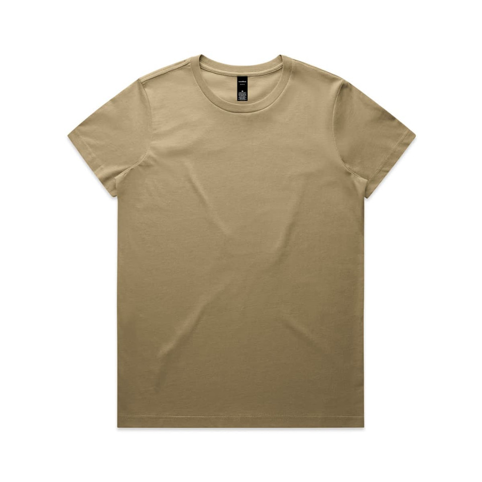 A beige t-shirt with a plain design and a logo on the label.