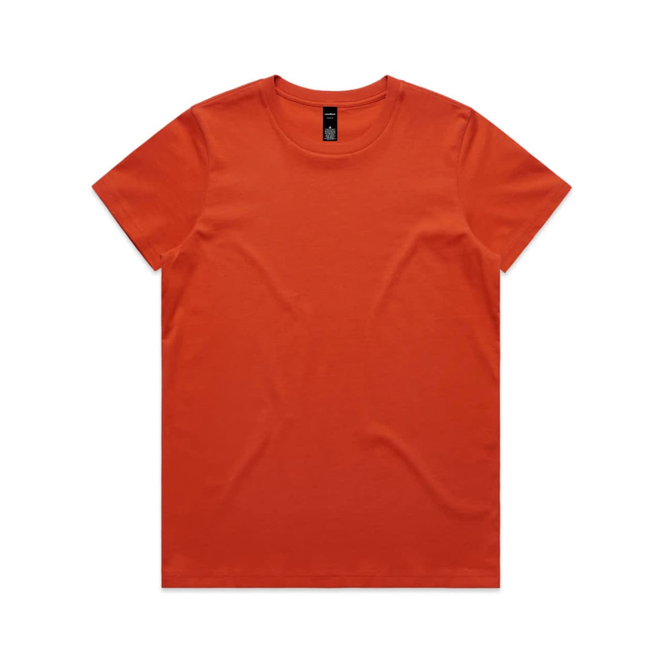 An orange t-shirt featuring a round neckline and short sleeves, with a label at the neck.