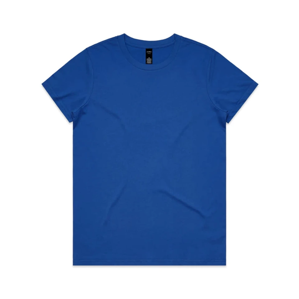 A blue T-shirt featuring a simple design and a logo on the label.