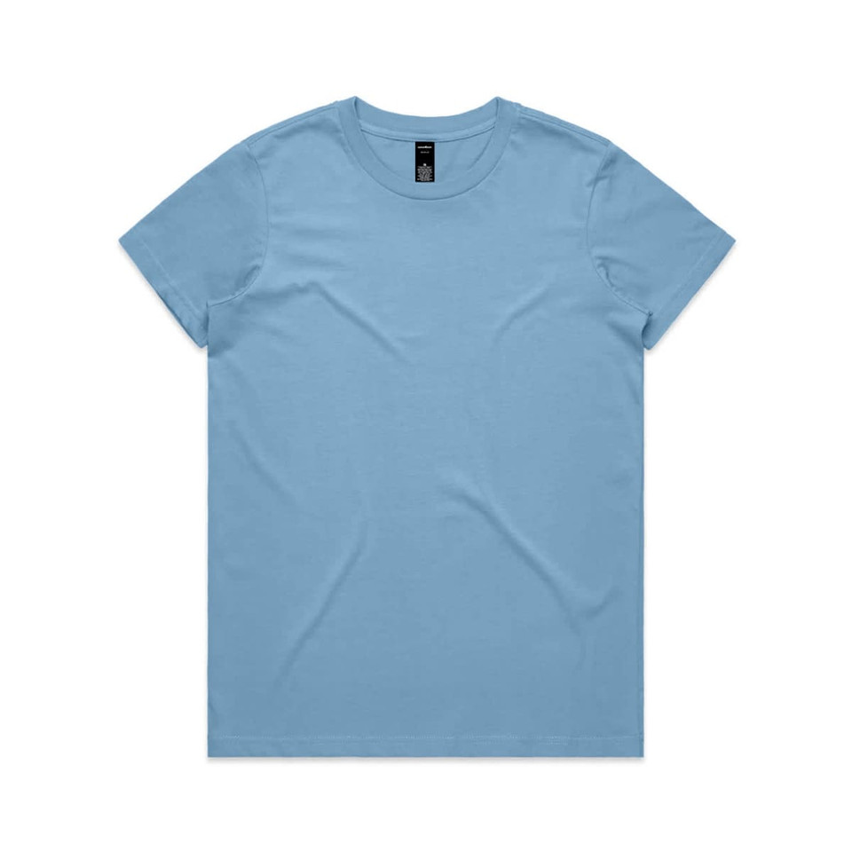 A light blue T-shirt with a crew neck and a small logo on the label.