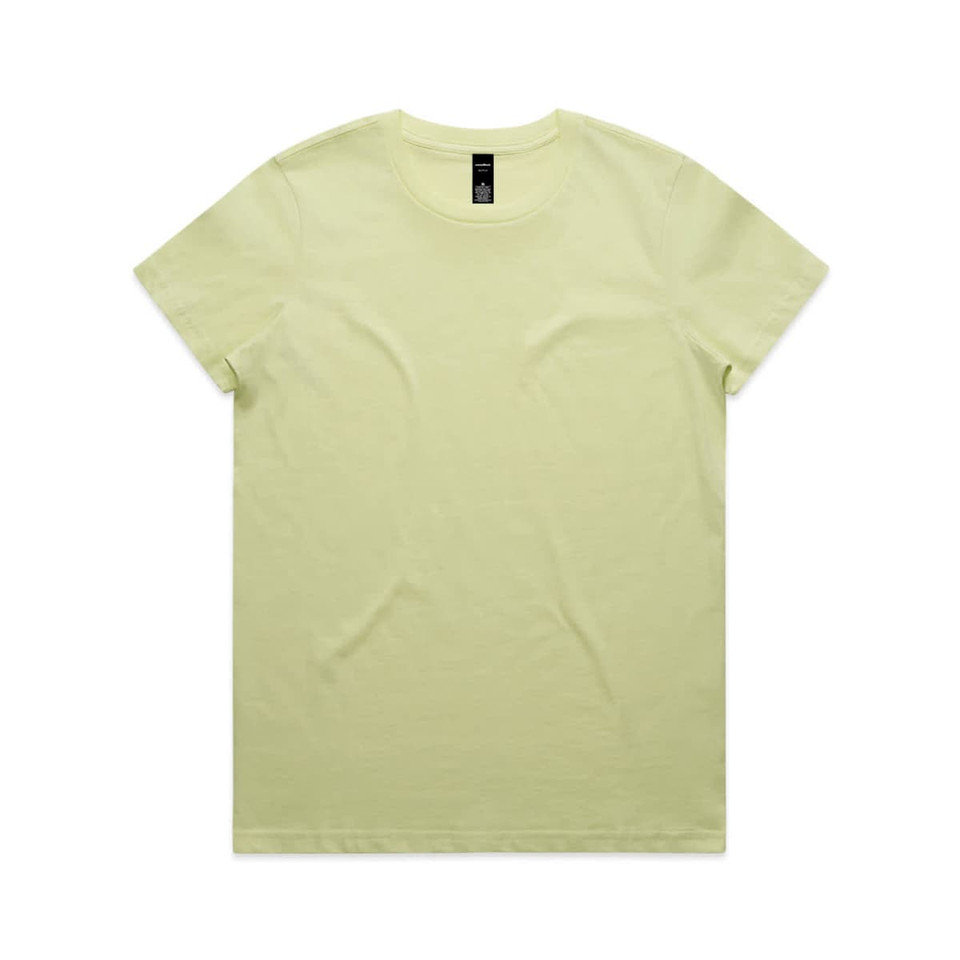 A light yellow T-shirt with a round neckline and short sleeves, featuring a branding label.