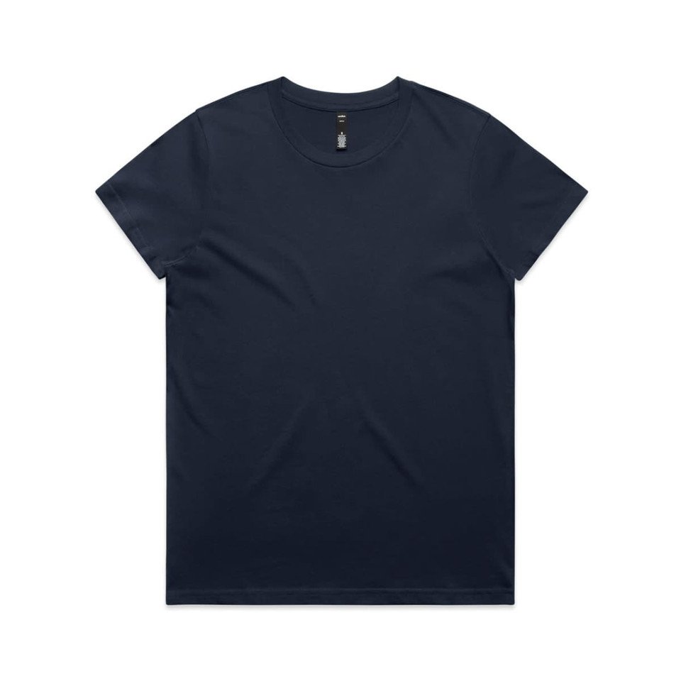 A navy blue t-shirt featuring a round neckline and short sleeves, with a logo on the inside label.
