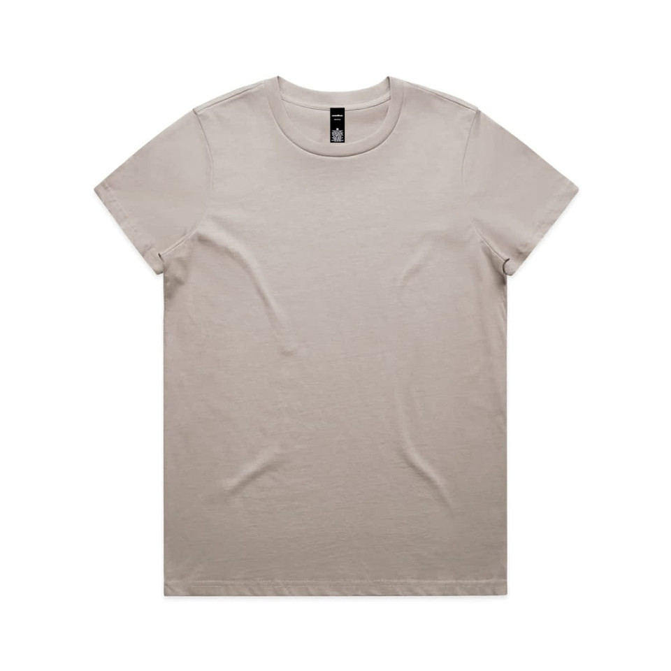 A light beige T-shirt featuring a round neckline and short sleeves, with a logo on the tag.