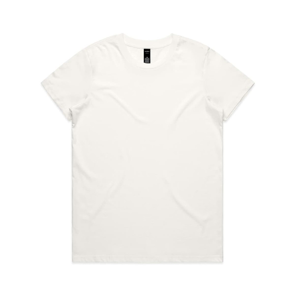 A plain white T-shirt with a round neckline and short sleeves. The shirt features a logo on the label.