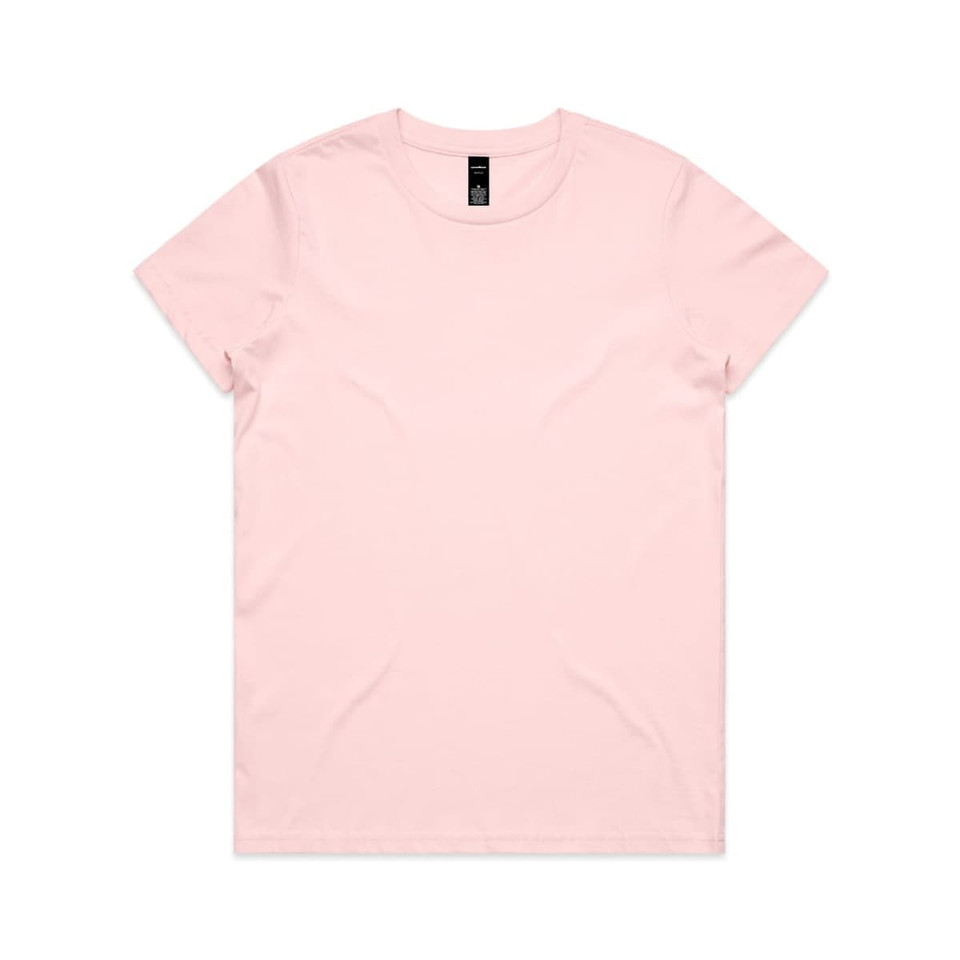 A pink t-shirt with a crew neck and short sleeves, featuring a brand logo on the label.