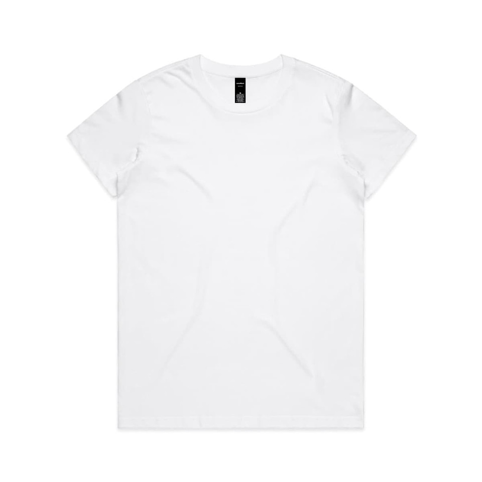 A plain white T-shirt with a round neckline and short sleeves, featuring a logo on the label.
