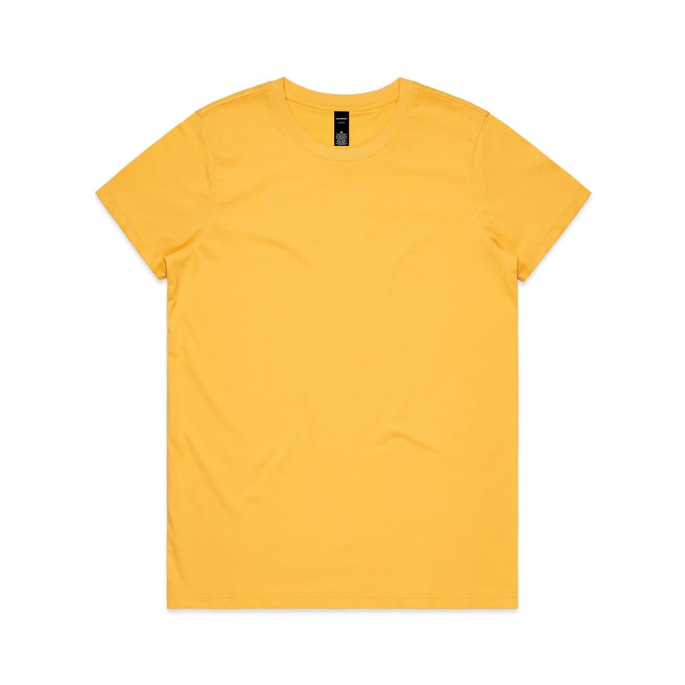 A yellow t-shirt with a round neckline and short sleeves. It features a logo at the neck.