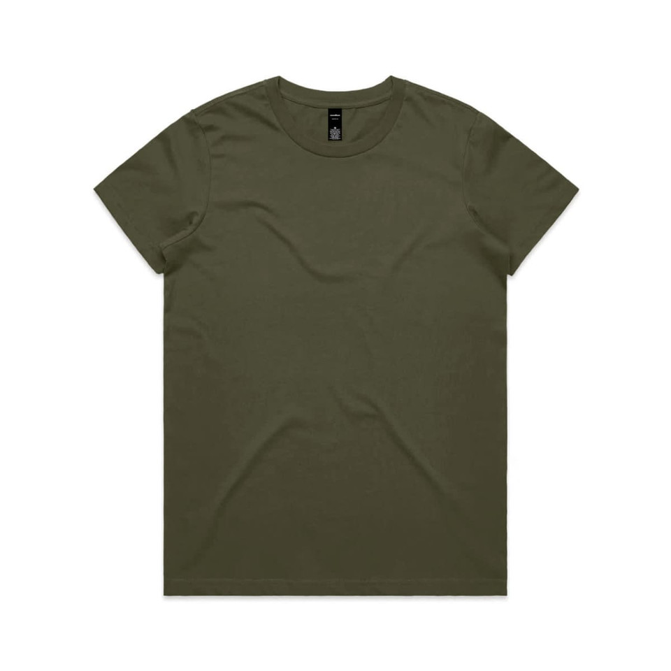 An olive green t-shirt featuring a round neckline and a branding label at the neckline.