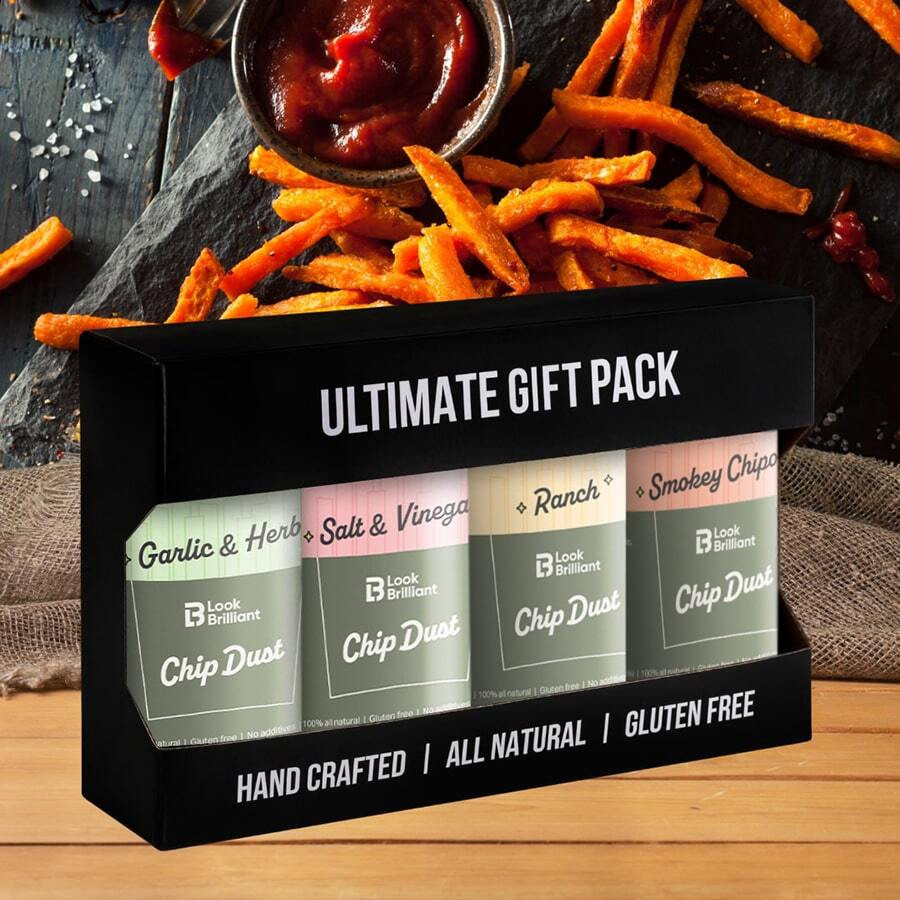 Ultimate Gift Pack of Chip Dust flavors with sweet potato fries and dip, handcrafted, all-natural, gluten-free.