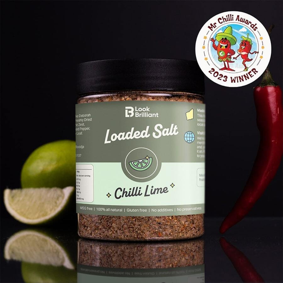 Smokey Joe's Loaded Salt Chilli Lime in a jar, featuring a red and black label, with a whole lime and a lime slice beside it, and a red chili pepper. Award badge for Mr Chilli Awards 2023 Winner in the corner.