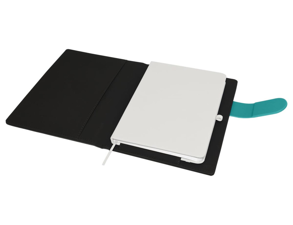 A black and turquoise A5 portfolio with a white notebook inside, featuring a flap cover and a bookmark.