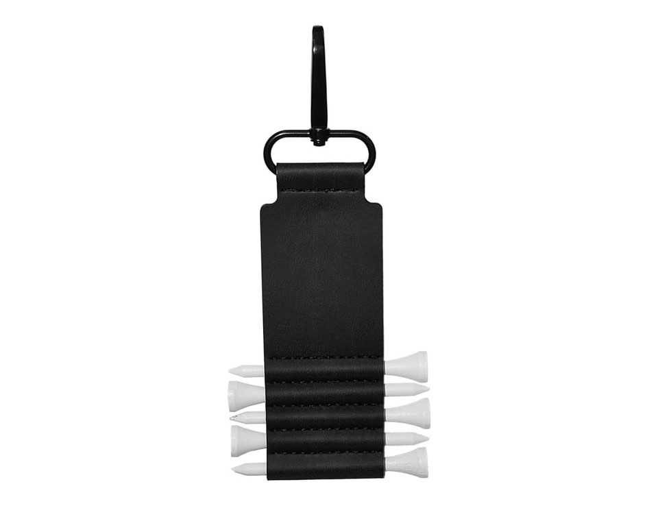 A black golf tee holder with a clip, featuring four white golf tees secured in a horizontal slot.
