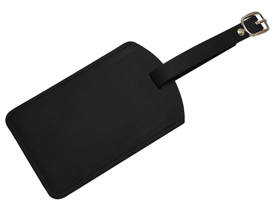A black luggage tag made of leather with a buckle strap for attachment. Features a simple, sleek design.