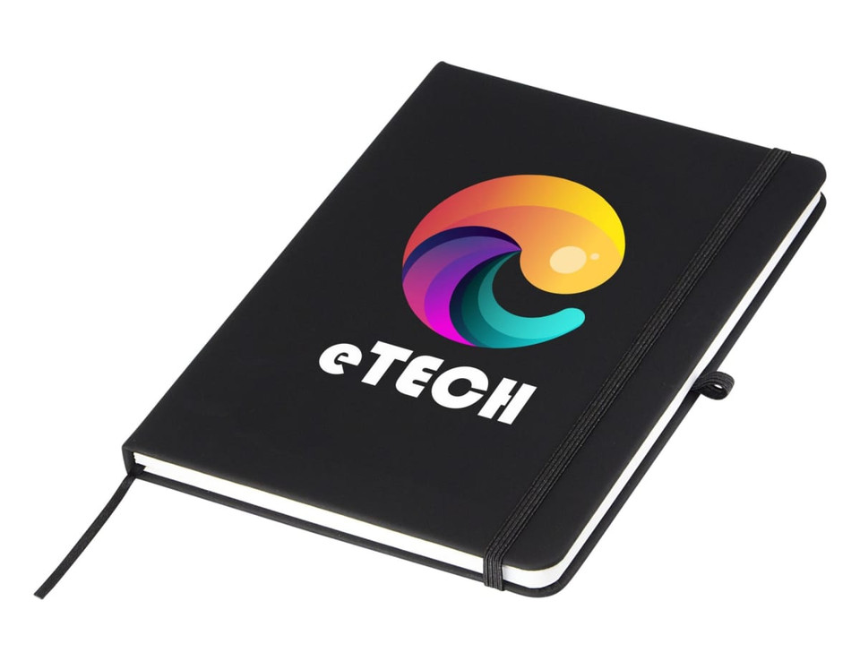 A black A5 notebook with an elastic band and a vibrant logo on the cover.