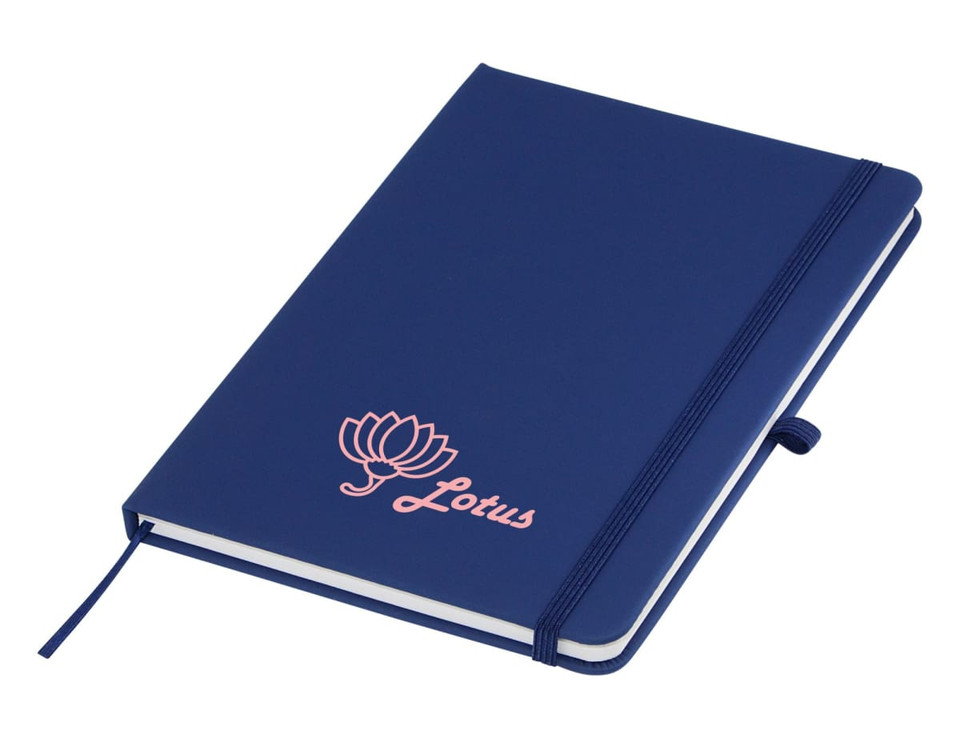 A navy A5 notebook with a pink lotus design and an elastic band closure. Features a logo on the front cover.
