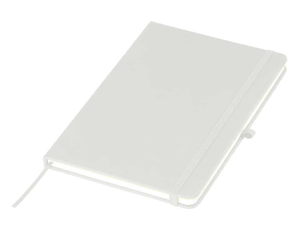 A white A5 notebook with an elastic closure, featuring a logo and a ribbon bookmark.