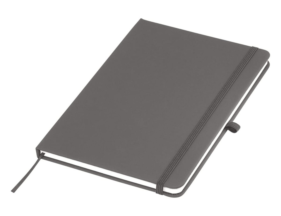 A grey A5 notebook with a textured cover, elastic band closure, and a ribbon bookmark. It has a logo on the front.
