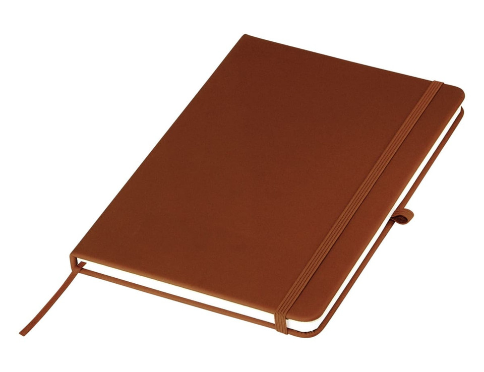 A brown A5 notebook with a matching elastic band and a ribbon bookmark, featuring a logo on the cover.