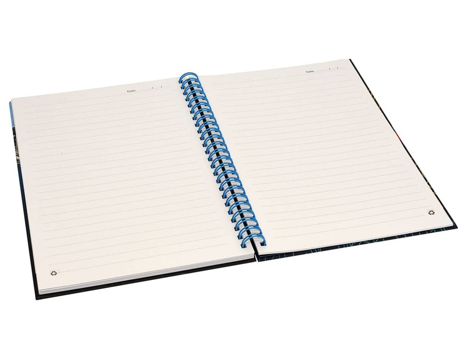 A spiral-bound A5 notebook with a blue coil and blank white pages. It has a black cover and includes a logo.