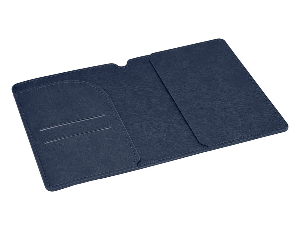 A navy blue passport wallet with a pocket and card slots, featuring a smooth textured finish and an interior section.