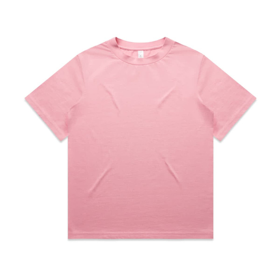 A pink T-shirt featuring a classic crew neck design. The shirt has a brand logo on the label.