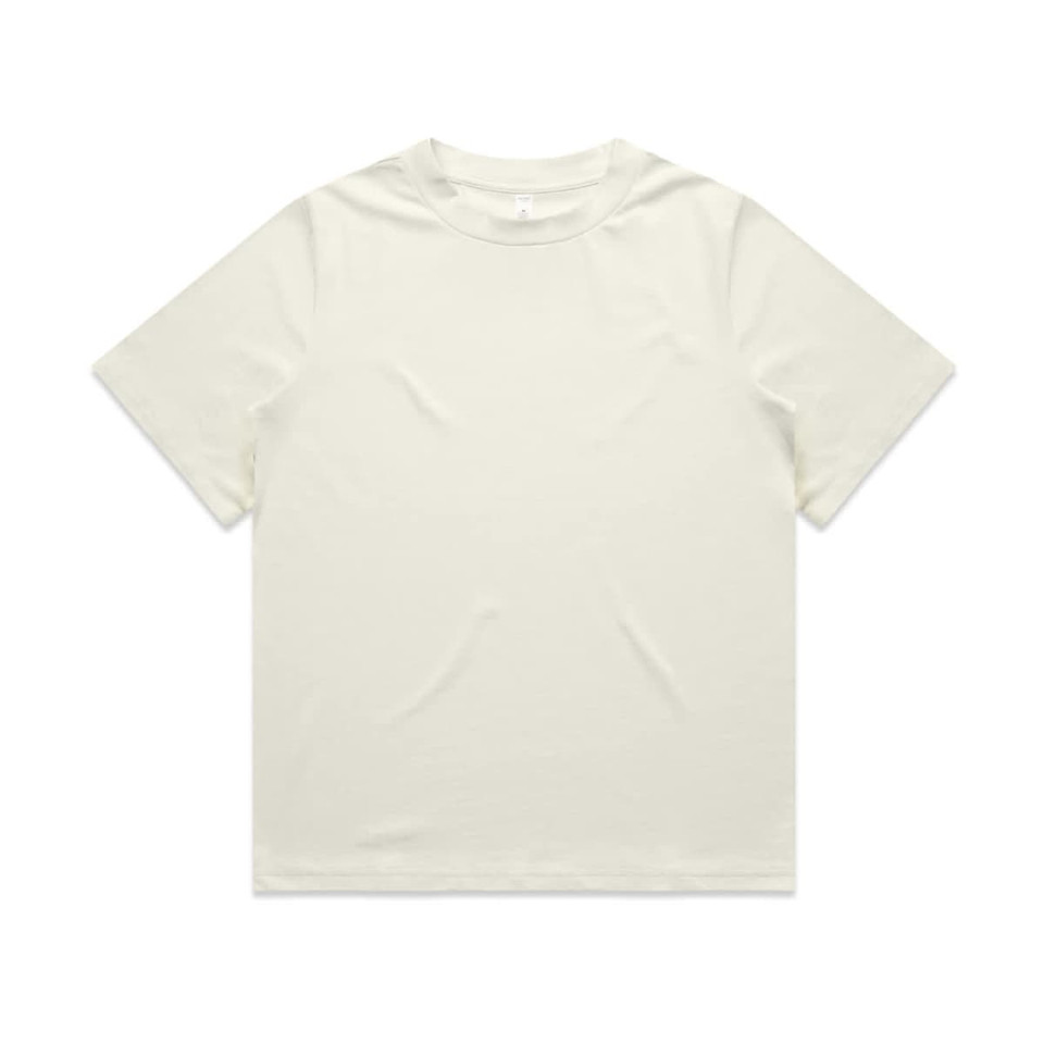 A plain cream heavy T-shirt with short sleeves and a regular fit, featuring a logo on the label.