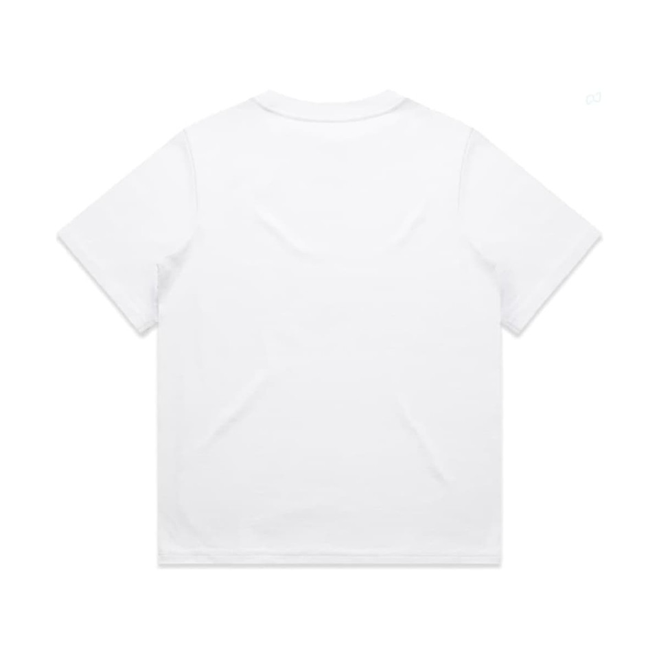 A plain white t-shirt with short sleeves, featuring a logo on the back.